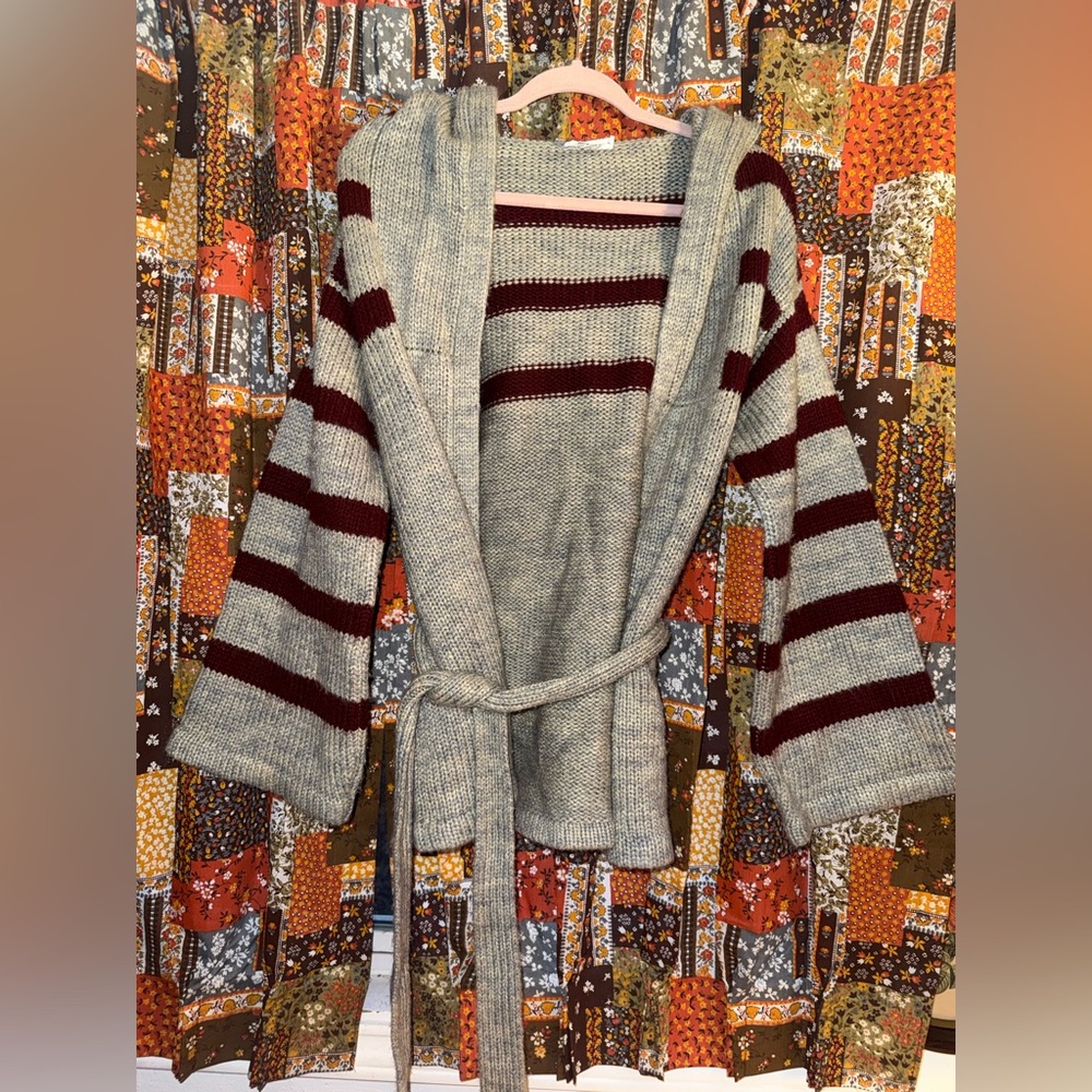 Vintage 1970s Bobbie Brooks Gray and Burgundy Striped Cardigan oversized
